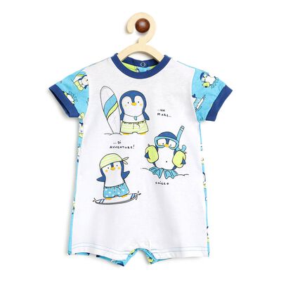 Boys White & Light Blue Printed Short Sleeve Romper